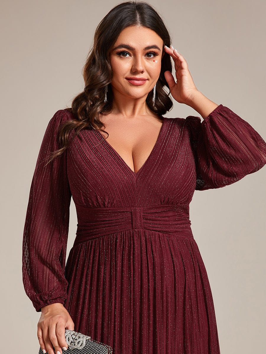 Plus Size Dazzling Empire Waist See-Through Long Sleeves A-Line Evening Dress #color_Burgundy