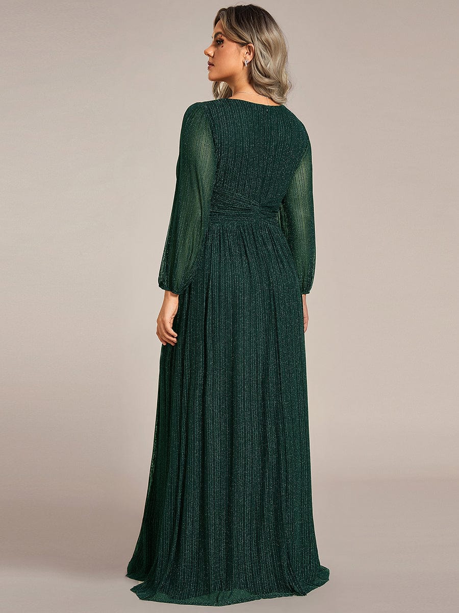 Plus Size Dazzling Empire Waist See-Through Long Sleeves A-Line Evening Dress #color_Dark Green