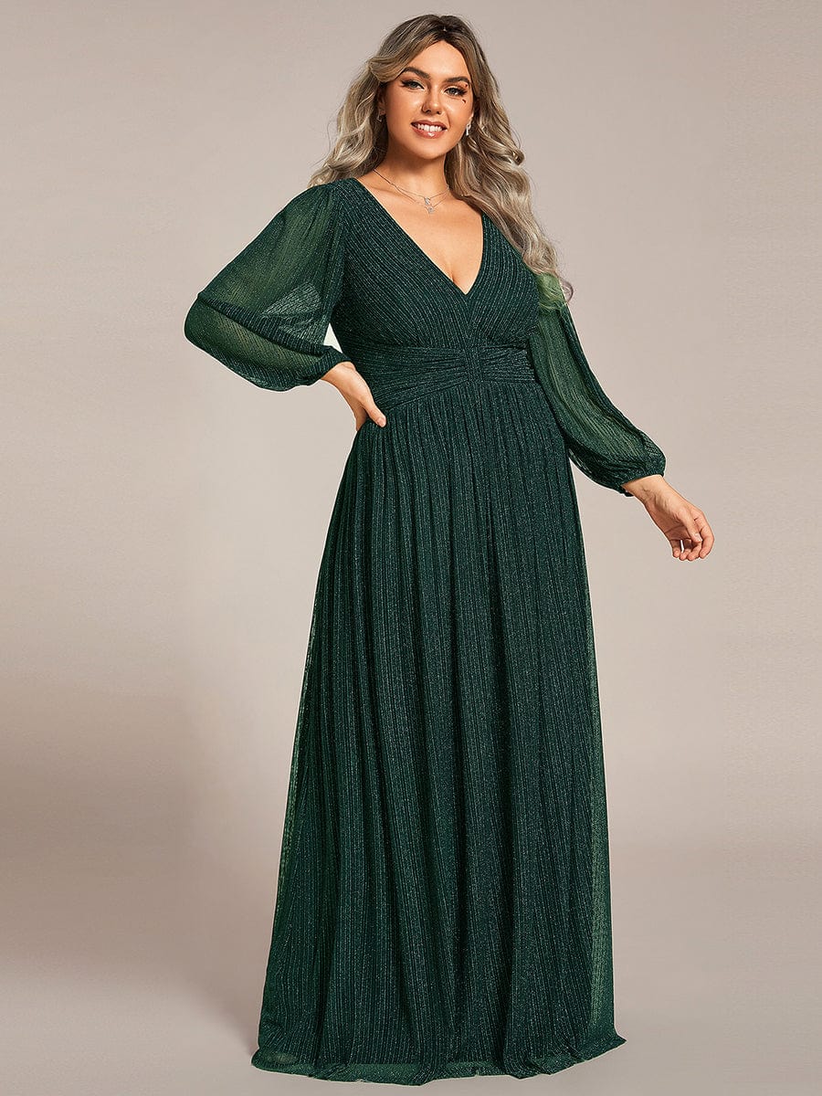 Plus Size Dazzling Empire Waist See-Through Long Sleeves A-Line Evening Dress #color_Dark Green