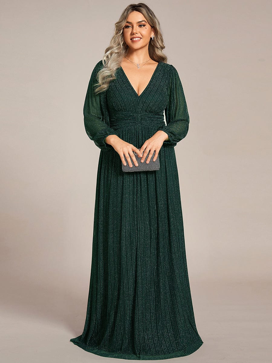 Plus Size Dazzling Empire Waist See-Through Long Sleeves A-Line Evening Dress #color_Dark Green