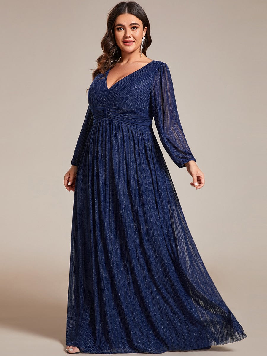 Plus Size Dazzling Empire Waist See-Through Long Sleeves A-Line Evening Dress #color_Navy Blue