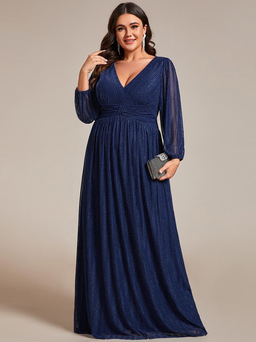 Plus Size Dazzling Empire Waist See-Through Long Sleeves A-Line Evening Dress #color_Navy Blue