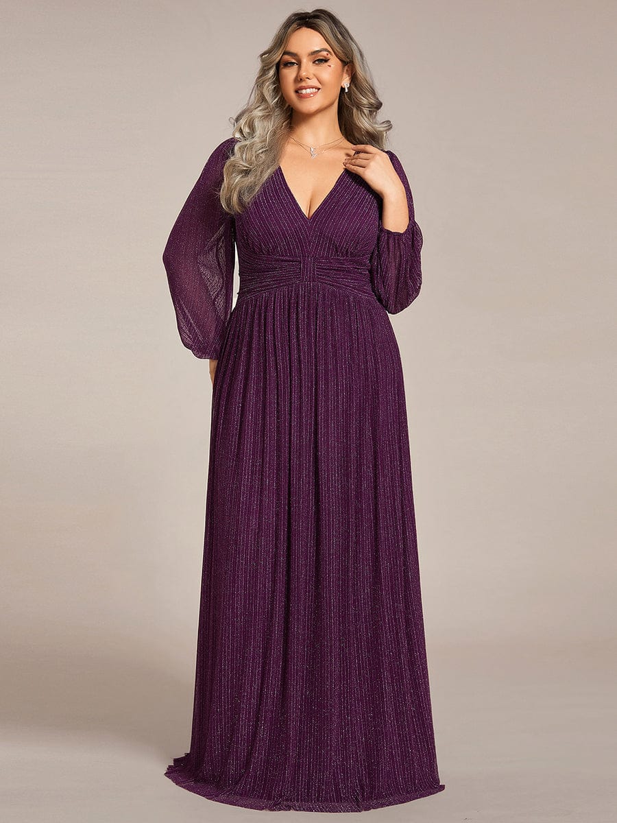 Plus Size Dazzling Empire Waist See-Through Long Sleeves A-Line Evening Dress #color_Purple Wisteria