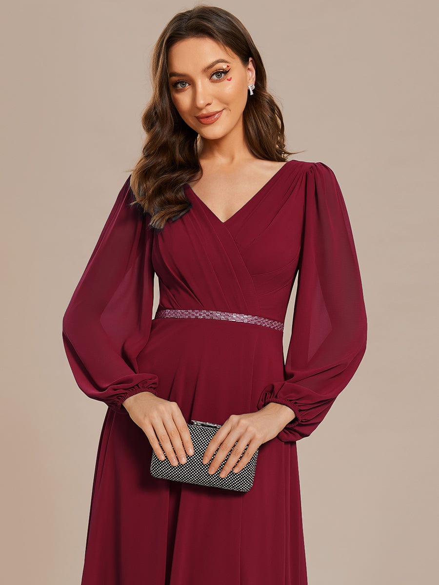 Pleated Double V-Neck Long Sleeves Shiny Belt Chiffon Evening Dress #color_Burgundy