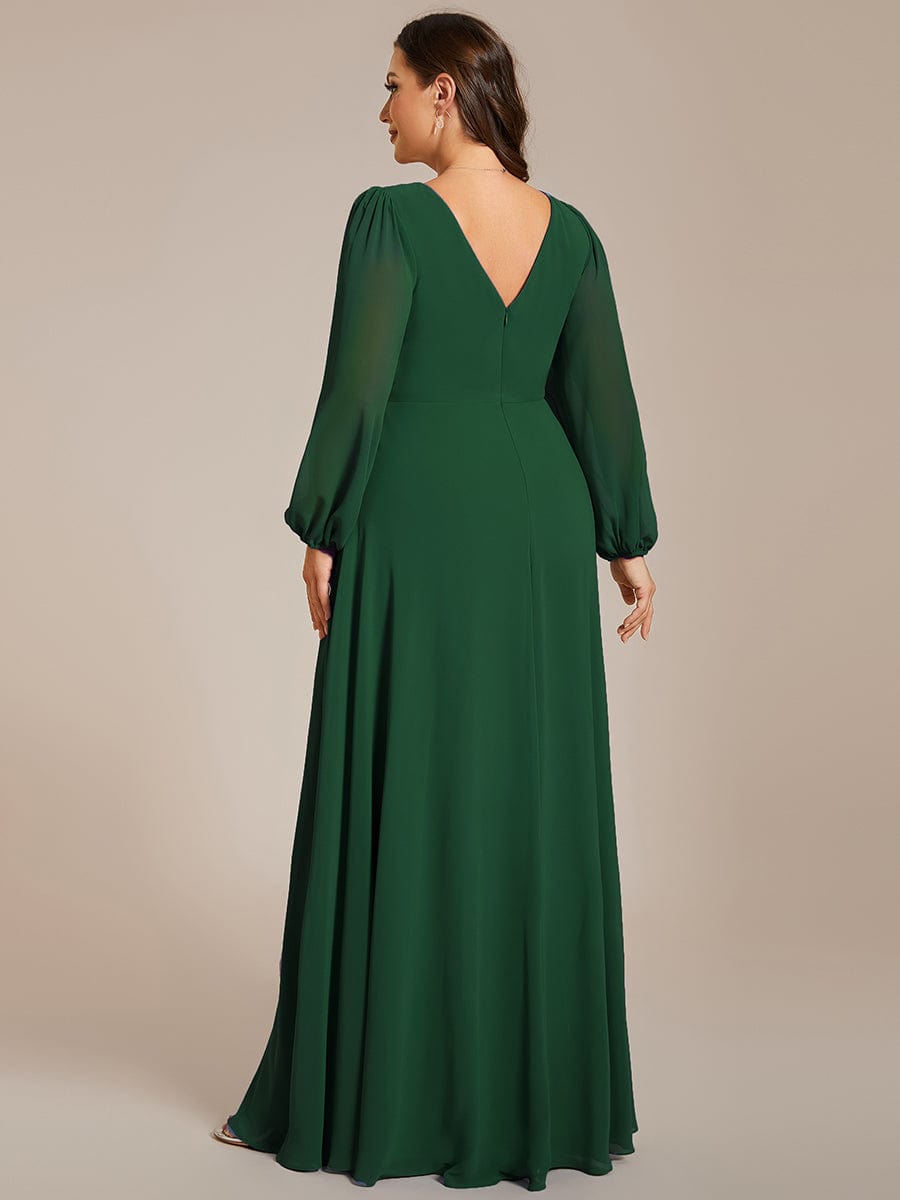 Pleated Double V-Neck Long Sleeves Shiny Belt Chiffon Evening Dress #color_Dark Green