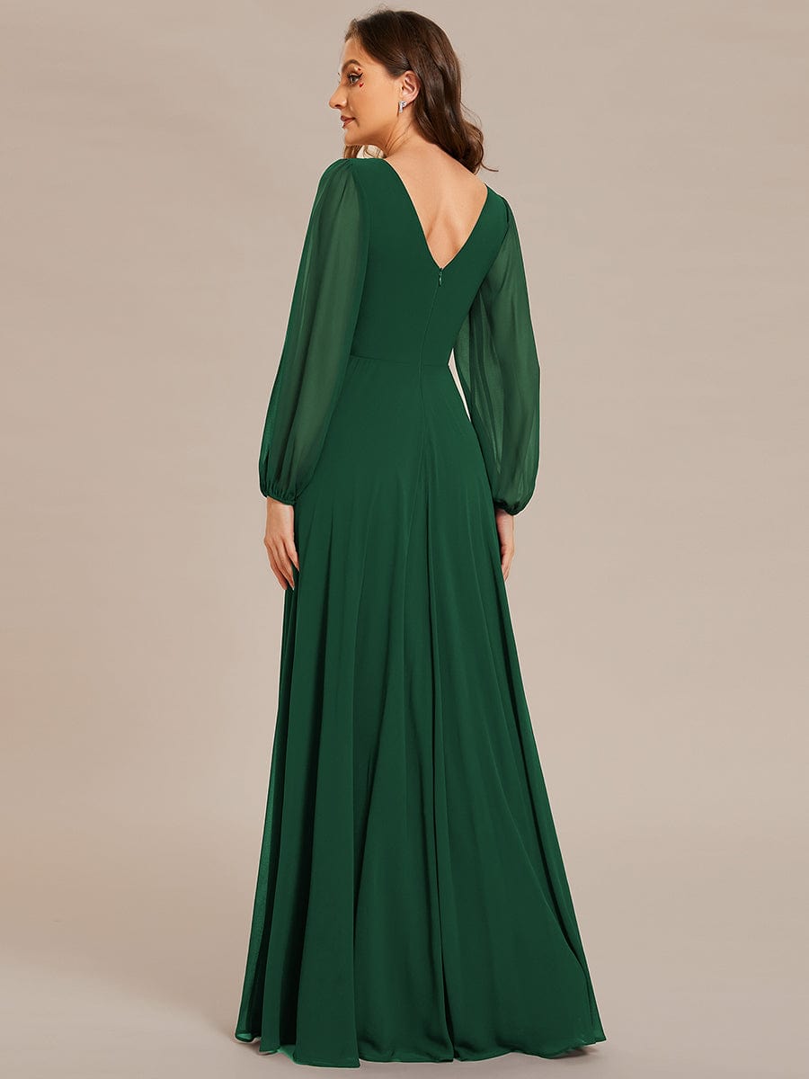 Pleated Double V-Neck Long Sleeves Shiny Belt Chiffon Evening Dress #color_Dark Green