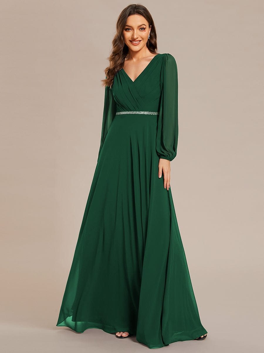 Pleated Double V-Neck Long Sleeves Shiny Belt Chiffon Evening Dress #color_Dark Green