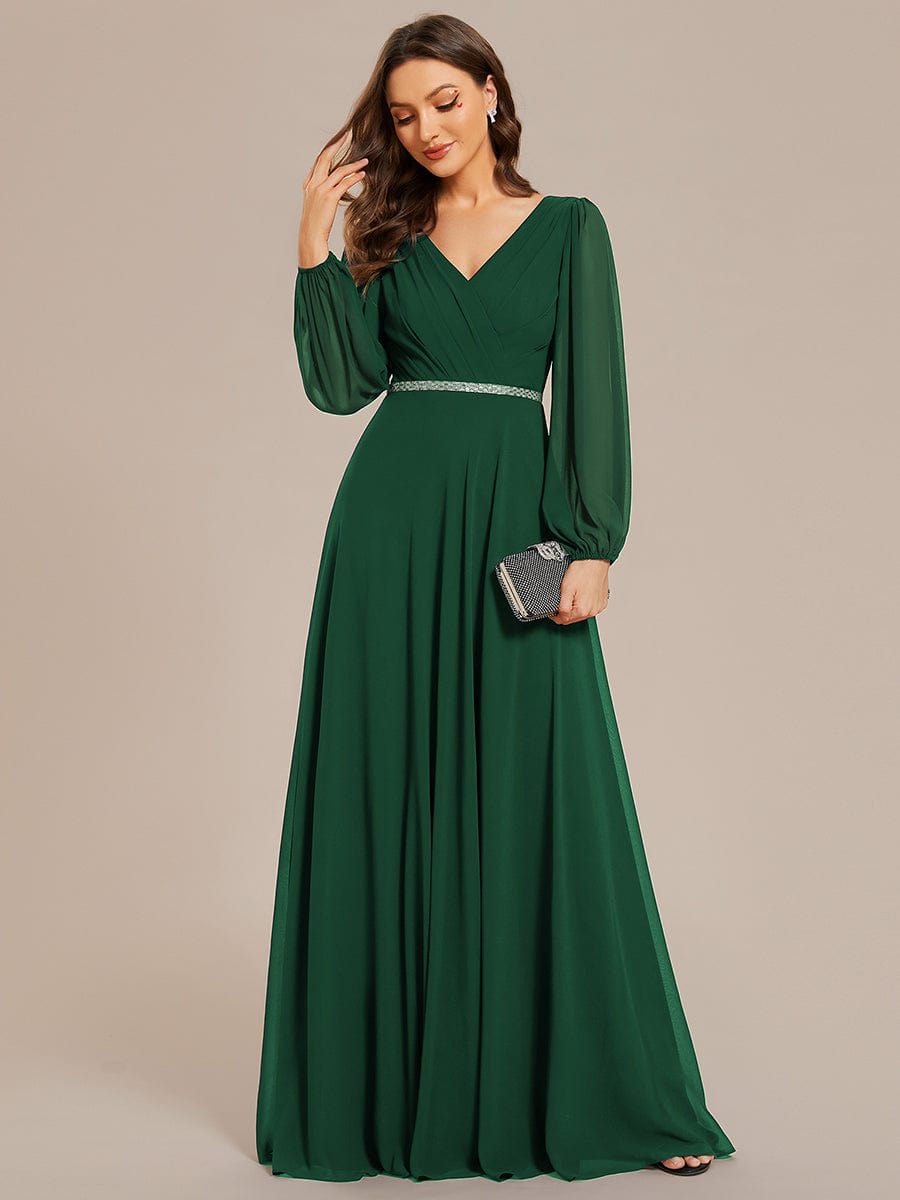 Pleated Double V-Neck Long Sleeves Shiny Belt Chiffon Evening Dress #color_Dark Green