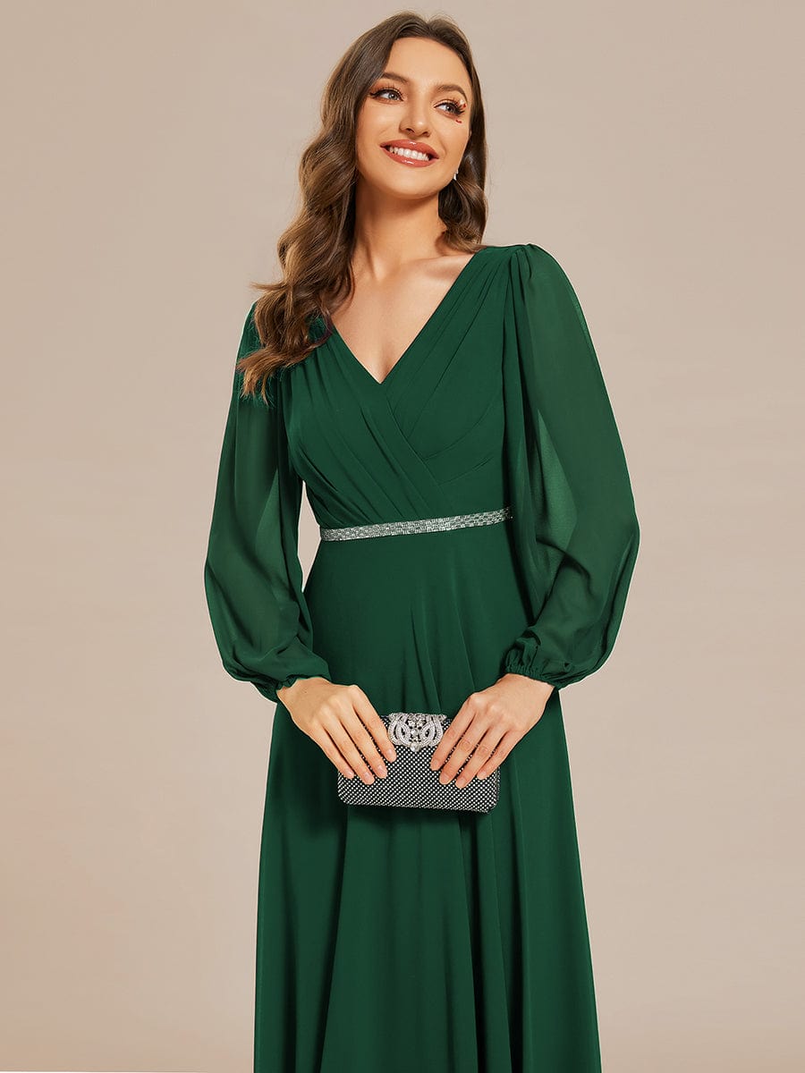 Pleated Double V-Neck Long Sleeves Shiny Belt Chiffon Evening Dress #color_Dark Green