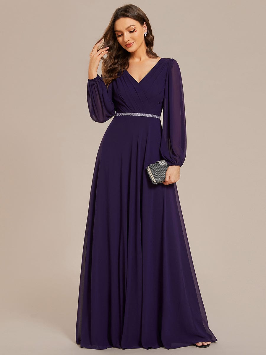 Pleated Double V-Neck Long Sleeves Shiny Belt Chiffon Evening Dress #color_Dark Purple