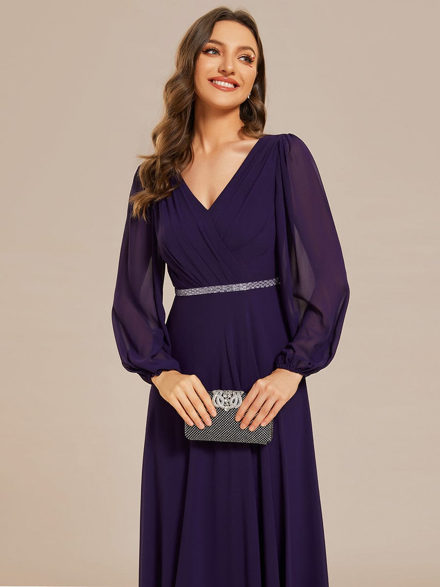 Pleated Double V-Neck Long Sleeves Shiny Belt Chiffon Evening Dress #color_Dark Purple