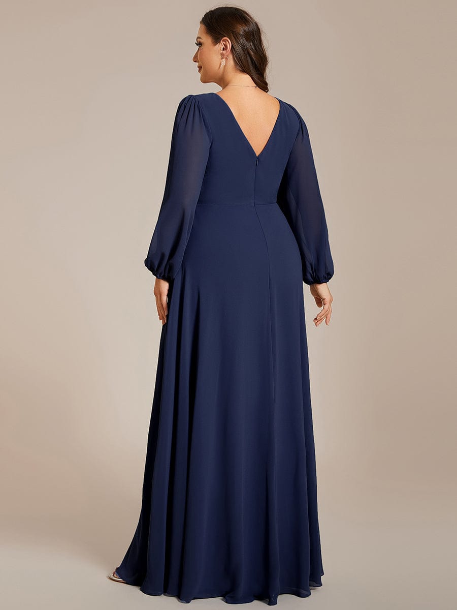 Plus Size A-Line V-Neck See-Through Long Sleeves Shiny Belt Chiffon Evening Dress #color_Navy Blue