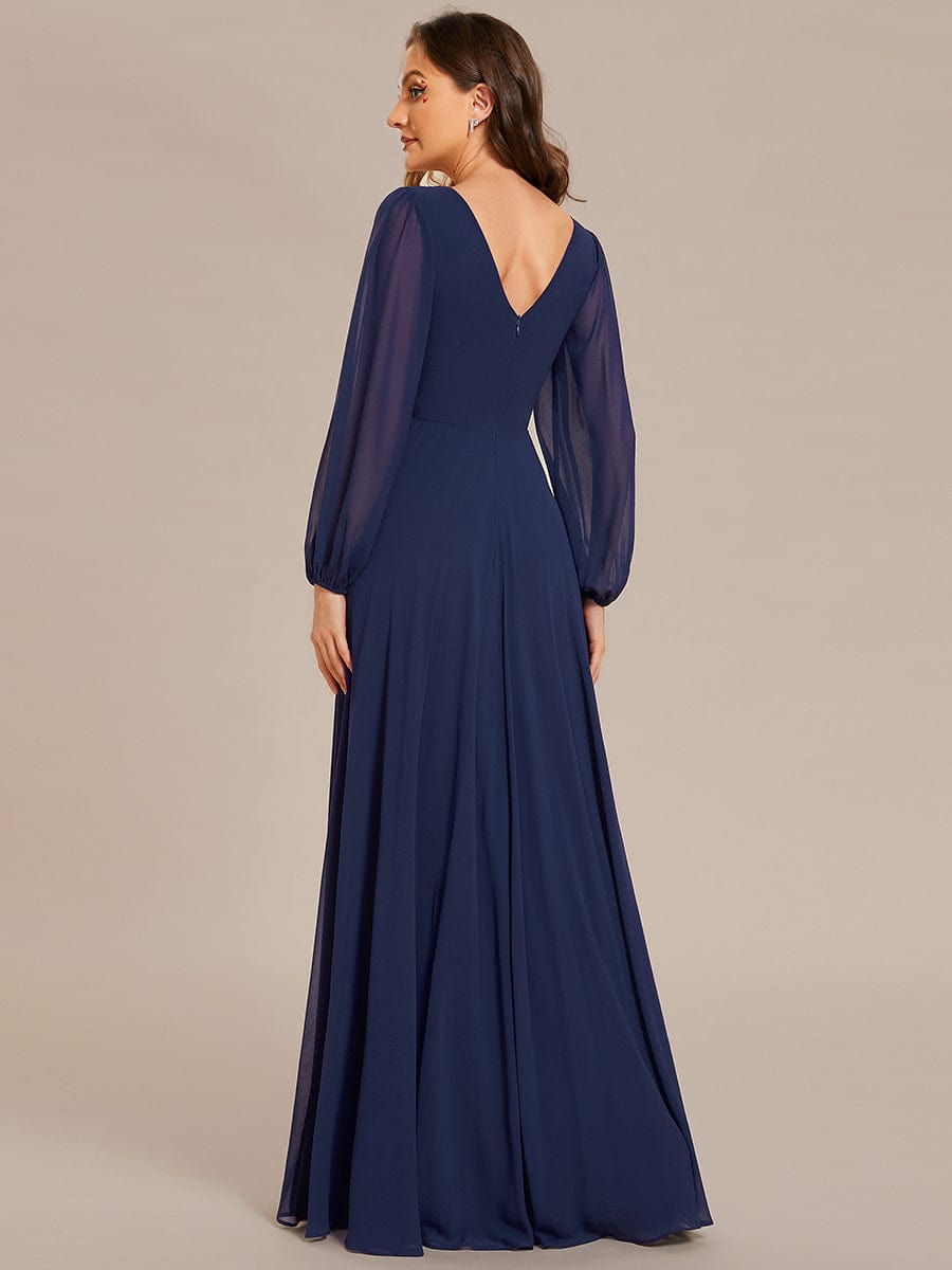 Pleated Double V-Neck Long Sleeves Shiny Belt Chiffon Evening Dress #color_Navy Blue