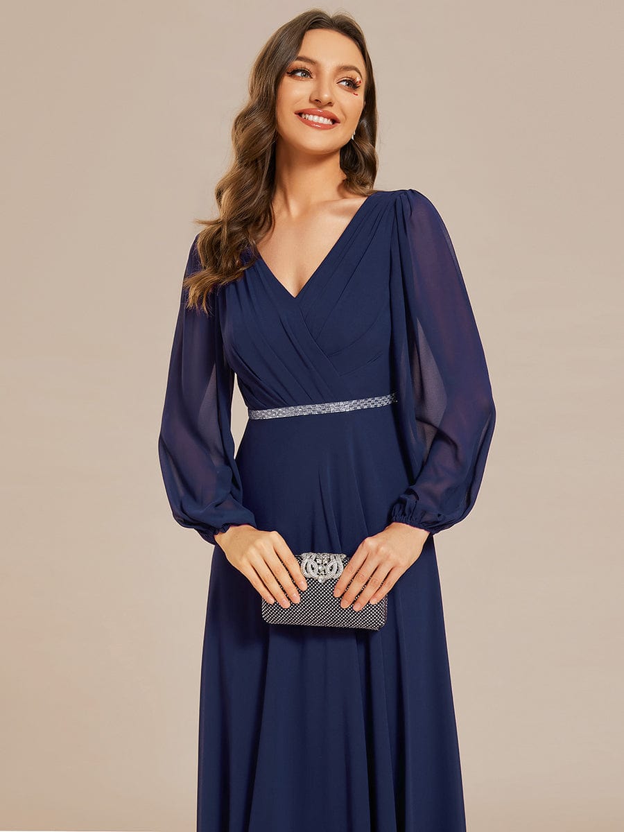 Pleated Double V-Neck Long Sleeves Shiny Belt Chiffon Evening Dress #color_Navy Blue