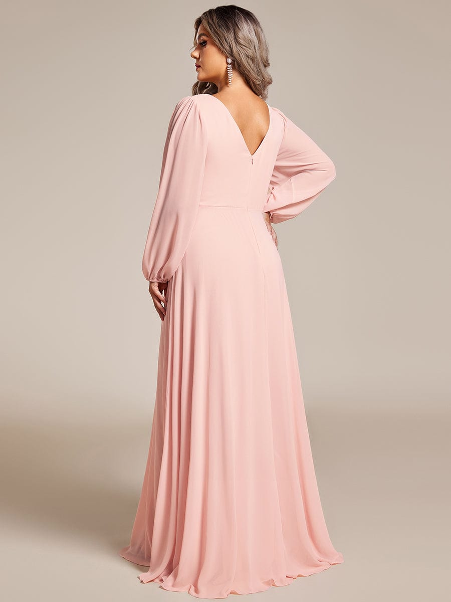 Pleated Double V-Neck Long Sleeves Shiny Belt Chiffon Evening Dress #color_Pink