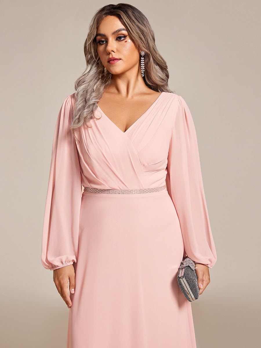 Pleated Double V-Neck Long Sleeves Shiny Belt Chiffon Evening Dress #color_Pink