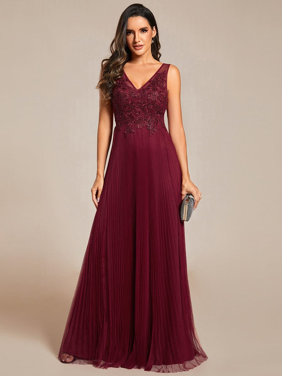 Exquisite Applique Embroidery Bodice Sleeveless A-Line Tulle Evening Dress #color_Burgundy