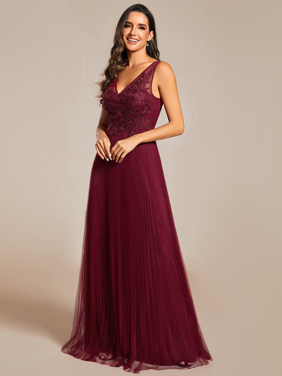 Exquisite Applique Embroidery Bodice Sleeveless A-Line Tulle Evening Dress #color_Burgundy