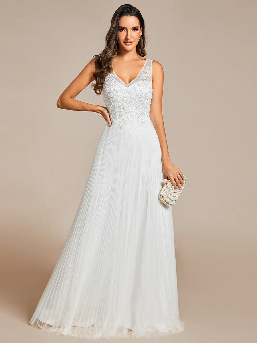 Exquisite Applique Embroidery Bodice Sleeveless A-Line Tulle Evening Dress #color_Cream