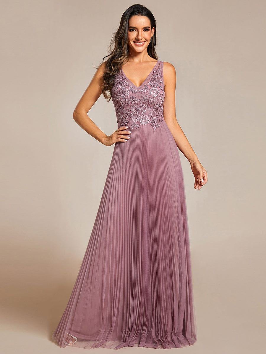 Exquisite Applique Embroidery Bodice Sleeveless A-Line Tulle Evening Dress #color_Purple Orchid