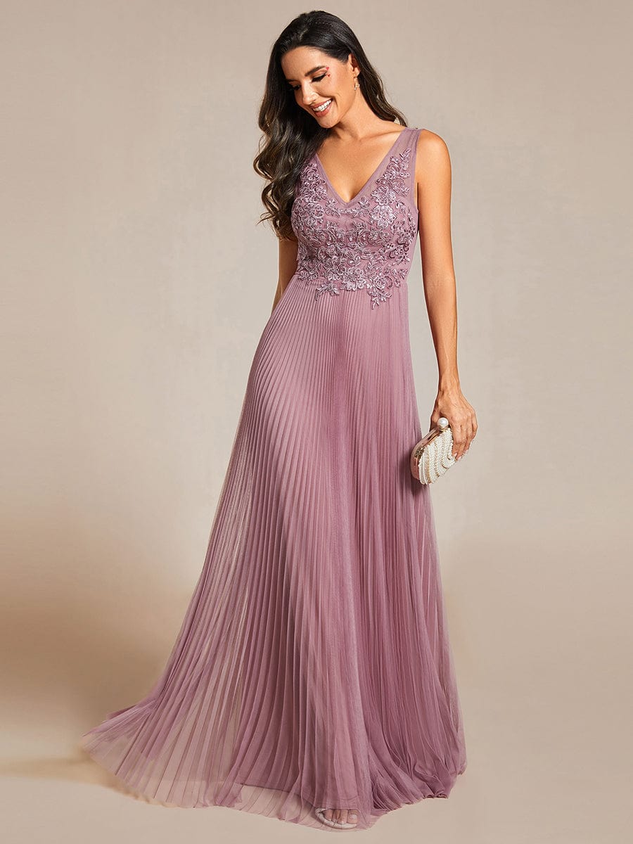 Exquisite Applique Embroidery Bodice Sleeveless A-Line Tulle Evening Dress #color_Purple Orchid