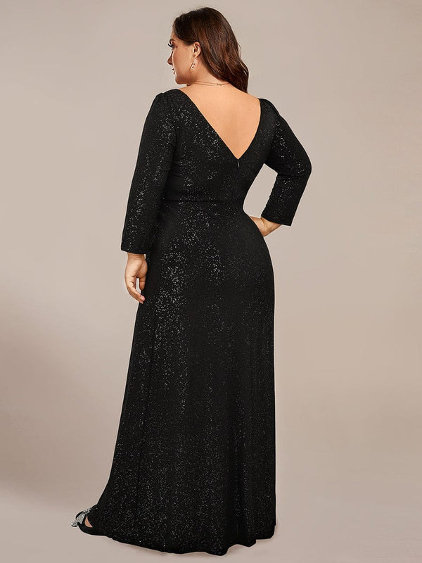 Plus Size Long Sleeves V-Neck Glitter High Slit Evening Dress - Ever ...