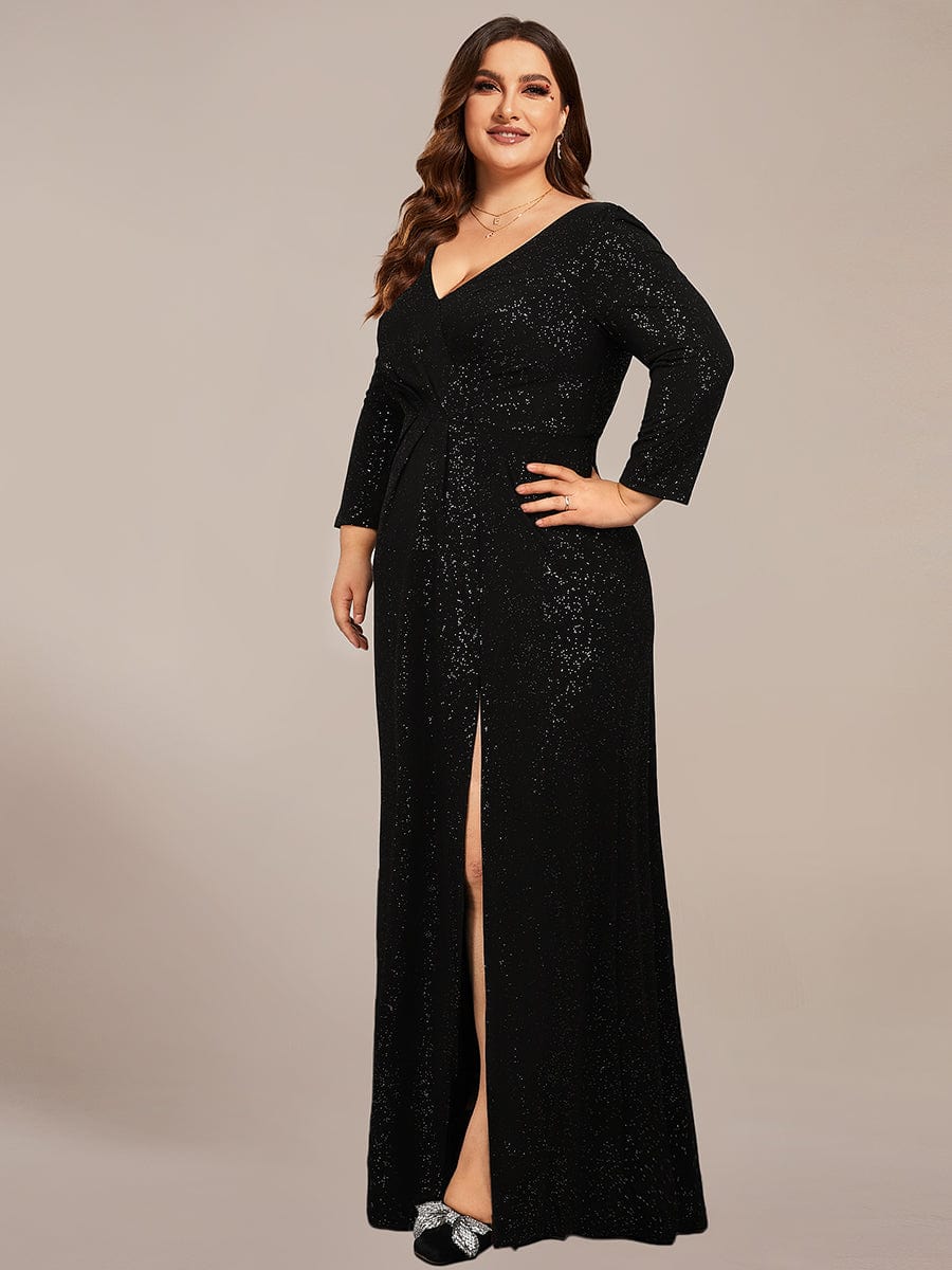 Plus Size Sparkling Long Sleeves Double V-Neck Sequin Evening Dress #color_Black