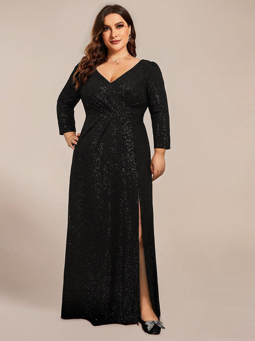 Plus Size Long Sleeves V-Neck Glitter High Slit Evening Dress - Ever ...