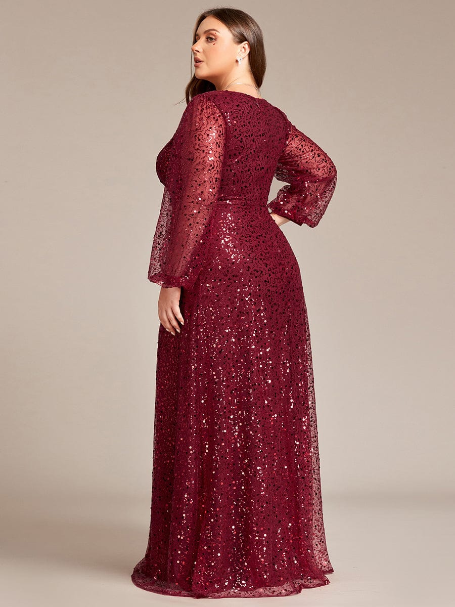 Plus Size V-Neck Lantern Long Sleeve Sequin A-Line Evening Dress #color_Burgundy