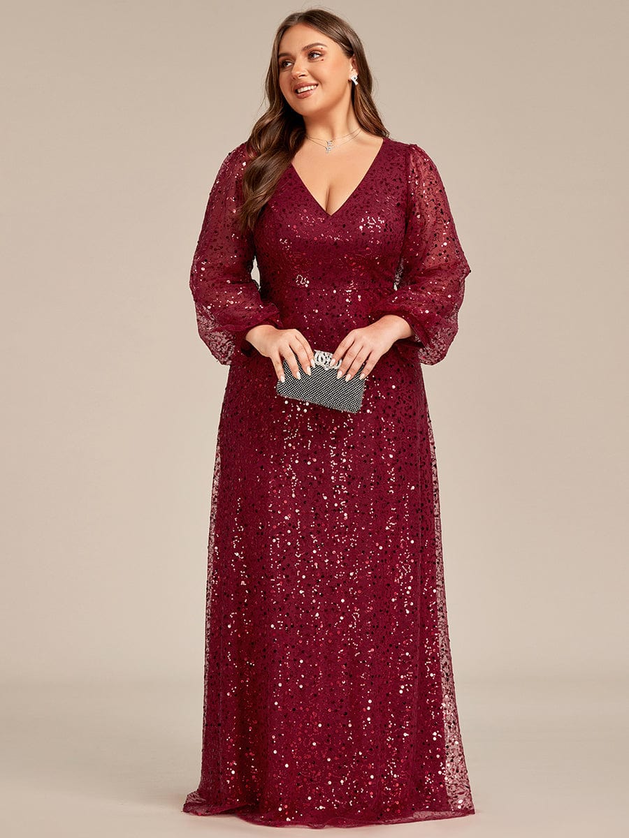 Plus Size V-Neck See-Through Lantern Long Sleeve Sequin Evening Dress -  Ever-Pretty US