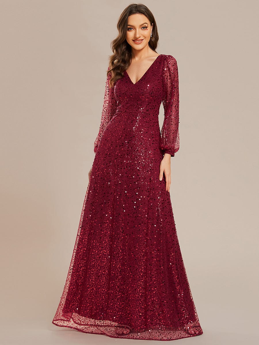 Shimmering All Over V-Neck Long Lantern Sleeve Sequin A-Line Evening Dress #color_Burgundy