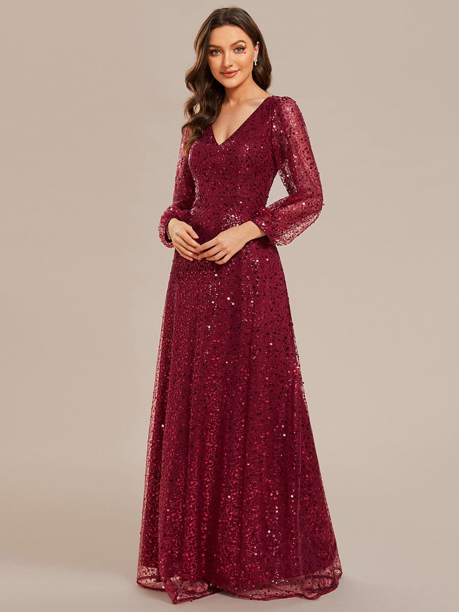 Shimmering All Over V-Neck Long Lantern Sleeve Sequin A-Line Evening Dress #color_Burgundy