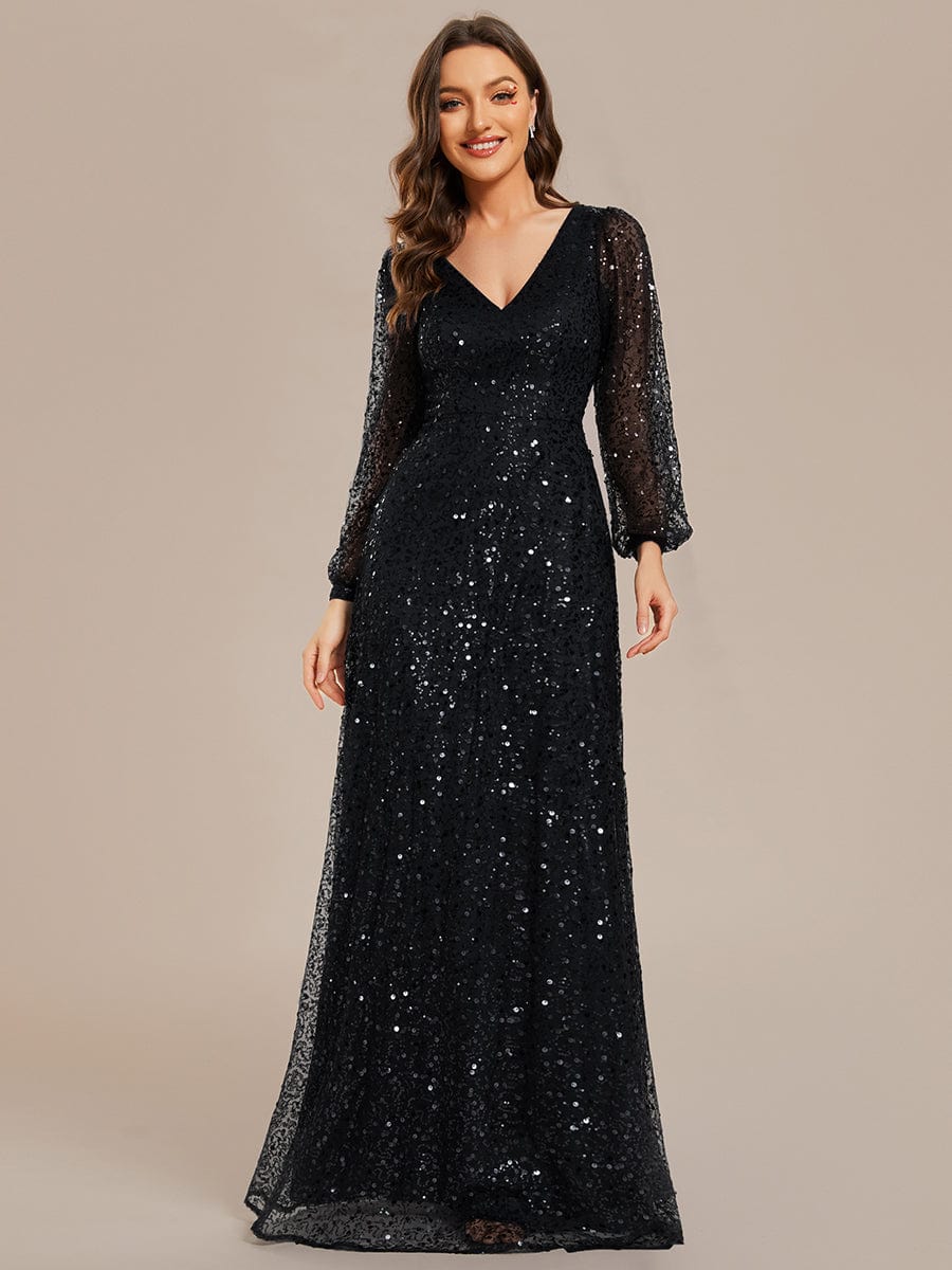 Shimmering All Over V-Neck Long Lantern Sleeve Sequin A-Line Evening Dress #color_Black