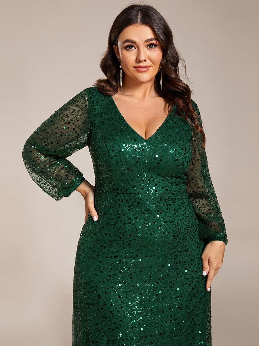 Plus Size V-Neck See-Through Lantern Long Sleeve Sequin Evening Dress -  Ever-Pretty US