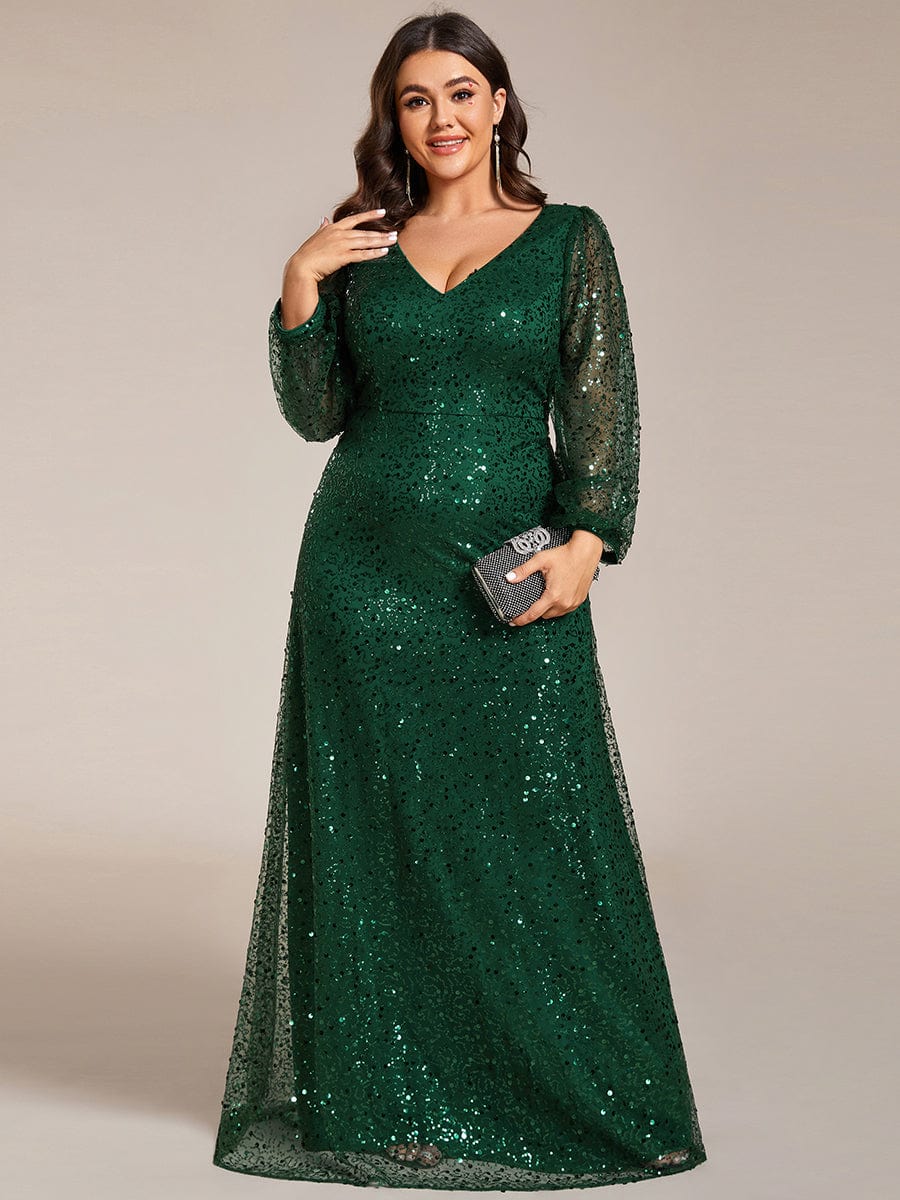 Plus Size V-Neck Lantern Long Sleeve Sequin A-Line Evening Dress #color_Dark Green