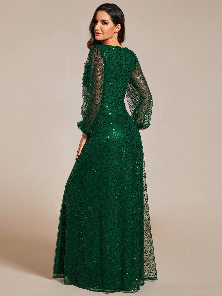 Shimmering All Over V-Neck Long Lantern Sleeve Sequin A-Line Evening Dress #color_Dark Green