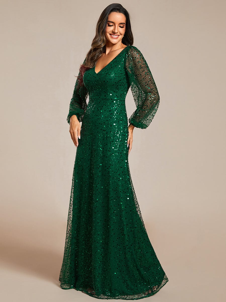 Shimmering All Over V-Neck Long Lantern Sleeve Sequin A-Line Evening Dress #color_Dark Green