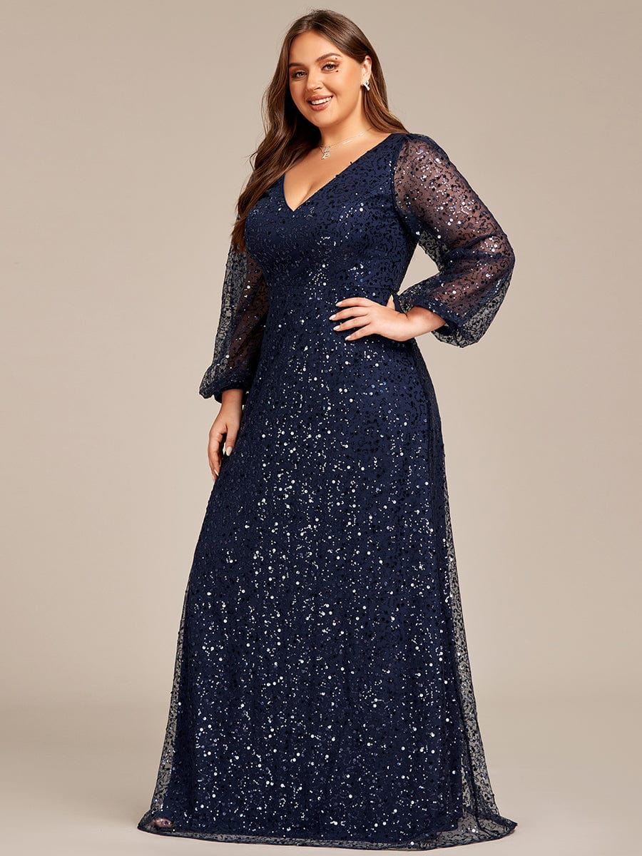 Plus Size V-Neck See-Through Lantern Long Sleeve Sequin Evening Dress -  Ever-Pretty US