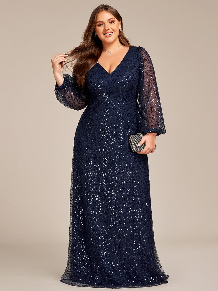 Shimmering All Over V-Neck Long Lantern Sleeve Sequin A-Line Evening Dress #color_Navy Blue