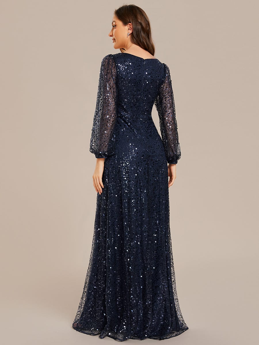 Shimmering All Over V-Neck Long Lantern Sleeve Sequin A-Line Evening Dress #color_Navy Blue