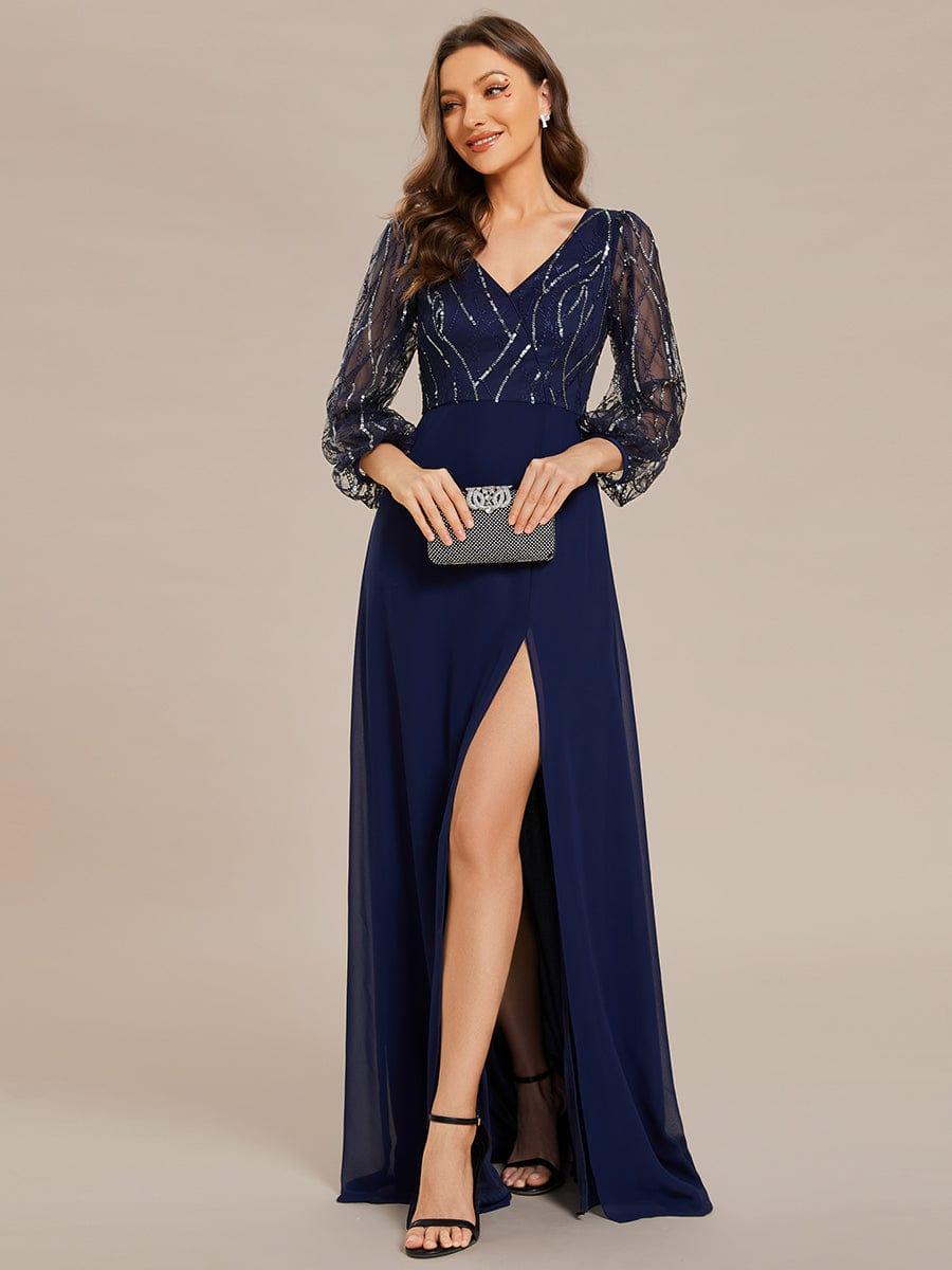 Sequin See through Long Sleeves High Slit Chiffon A Line Evening Dress