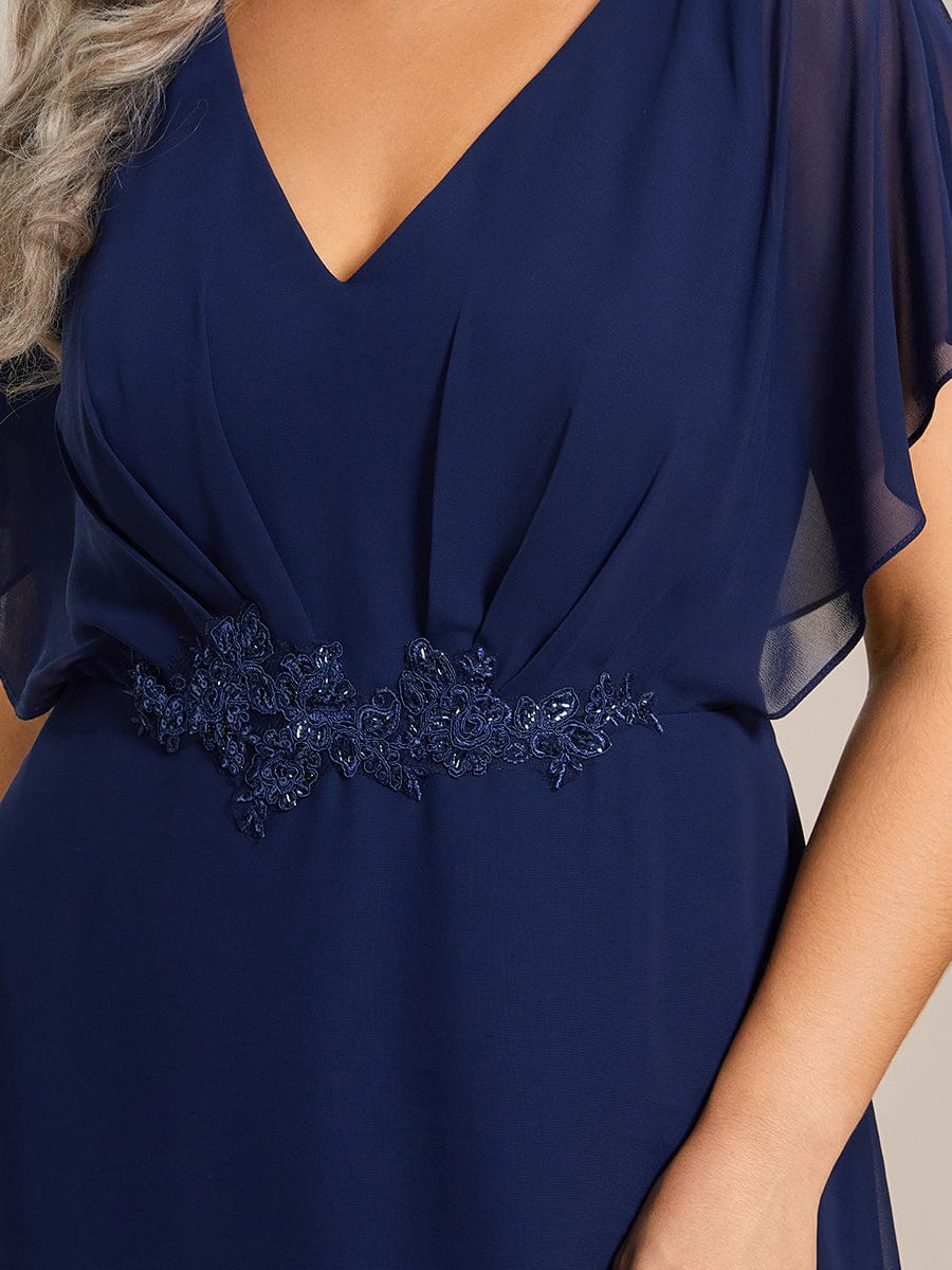 Elegant Short Sleeves A-Line Waist Applique Formal Dress with Lotus Leaf Hem #color_Navy Blue