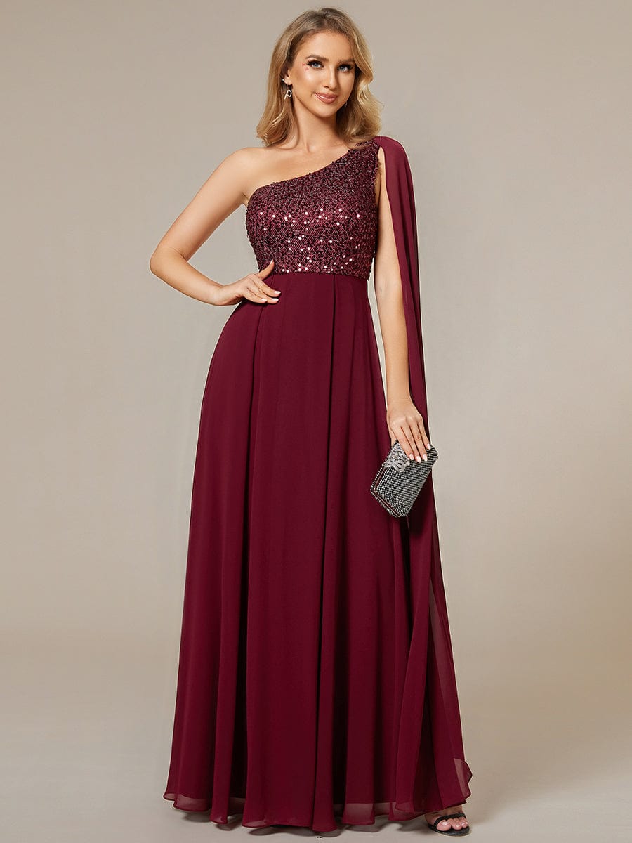 Sleeveless Chiffon A-Line Shinny Sequin Bodice One Shoulder Evening Dress #color_Burgundy