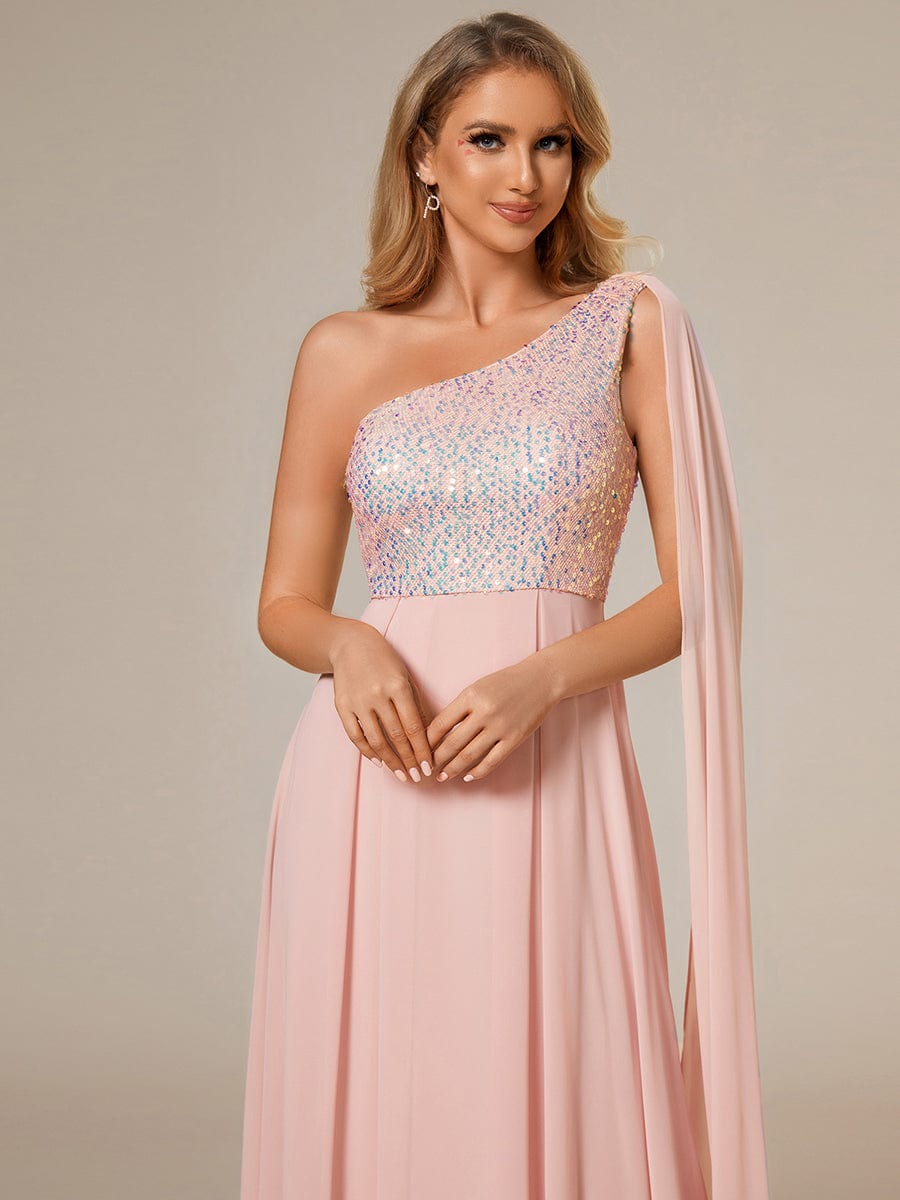 Sleeveless Chiffon A-Line Shinny Sequin Bodice One Shoulder Evening Dress #color_Pink