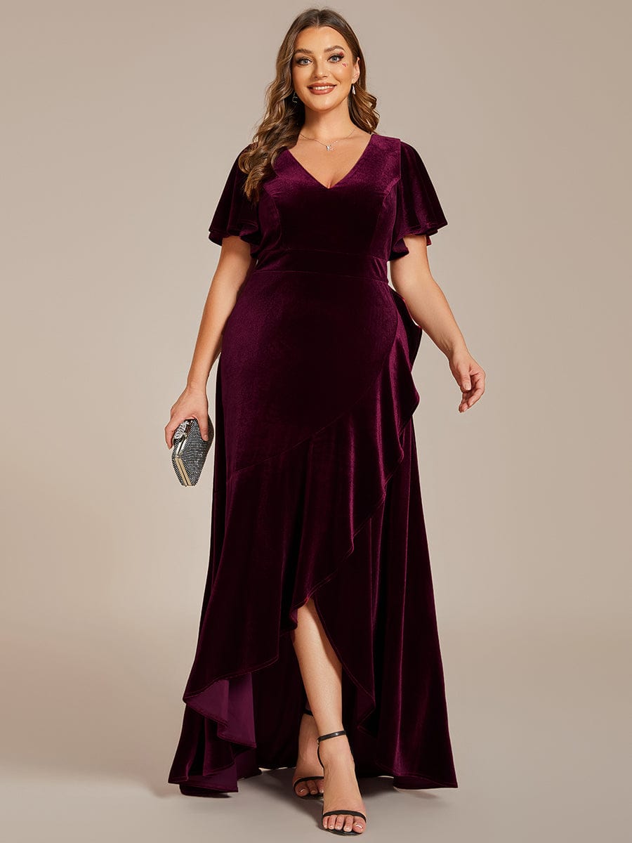 Plus Size Lotus Leaf Hem A-Line V-Neck Ruffles Sleeve Velvet Evening Dress  #color_Burgundy