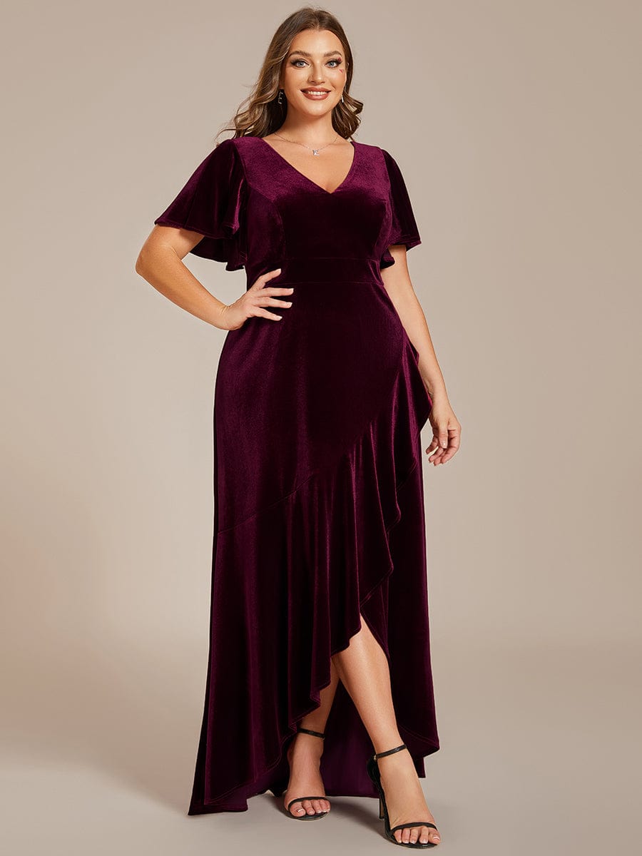 Plus Size Lotus Leaf Hem A-Line V-Neck Ruffles Sleeve Velvet Evening Dress  #color_Burgundy