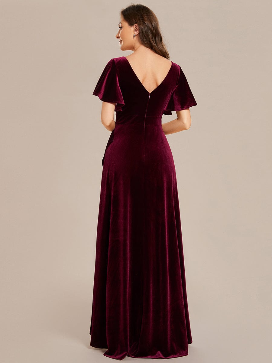 Double V-Neck Short Sleeves Stretchy Velvet Evening Dress with Lotus Leaf Hem #color_Burgundy