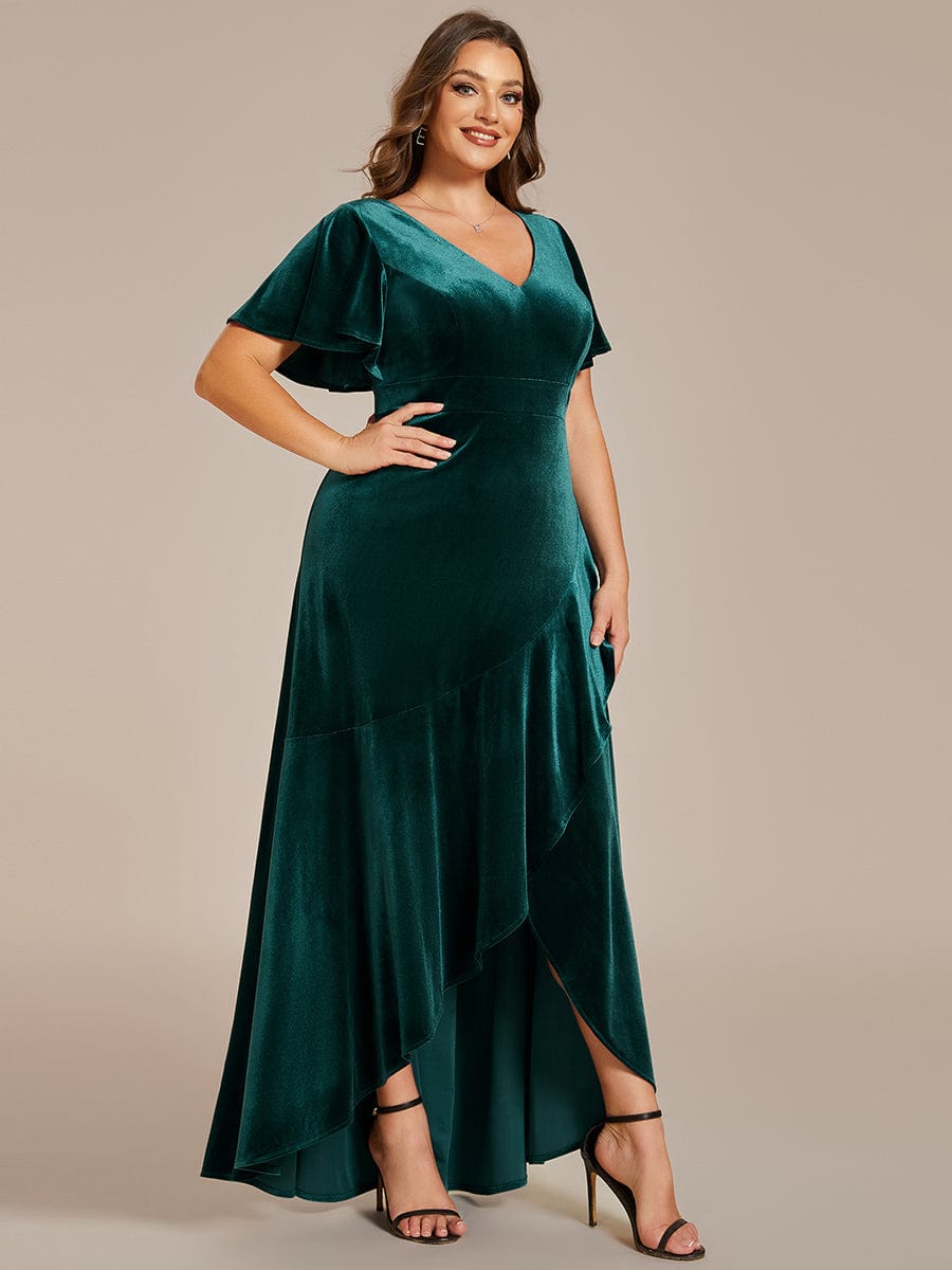 Plus Size Lotus Leaf Hem A-Line V-Neck Ruffles Sleeve Velvet Evening Dress #color_Dark Green