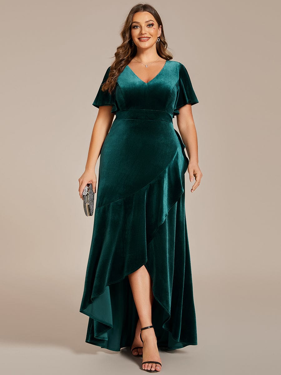 Plus Size Lotus Leaf Hem A-Line V-Neck Ruffles Sleeve Velvet Evening Dress #color_Dark Green