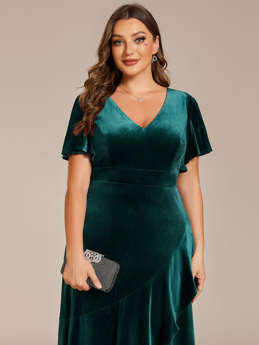 Plus Size Lotus Leaf Hem A-Line V-Neck Ruffles Sleeve Velvet Evening Dress #color_Dark Green